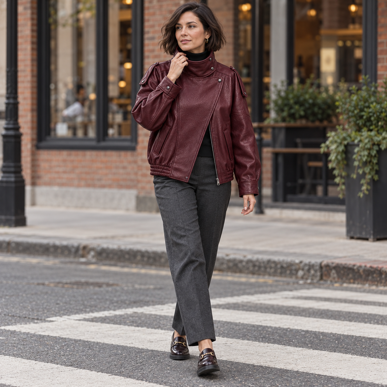 Woman wearing the Burgundy stand-collar faux-leather jacket in a natural crosswalk front view