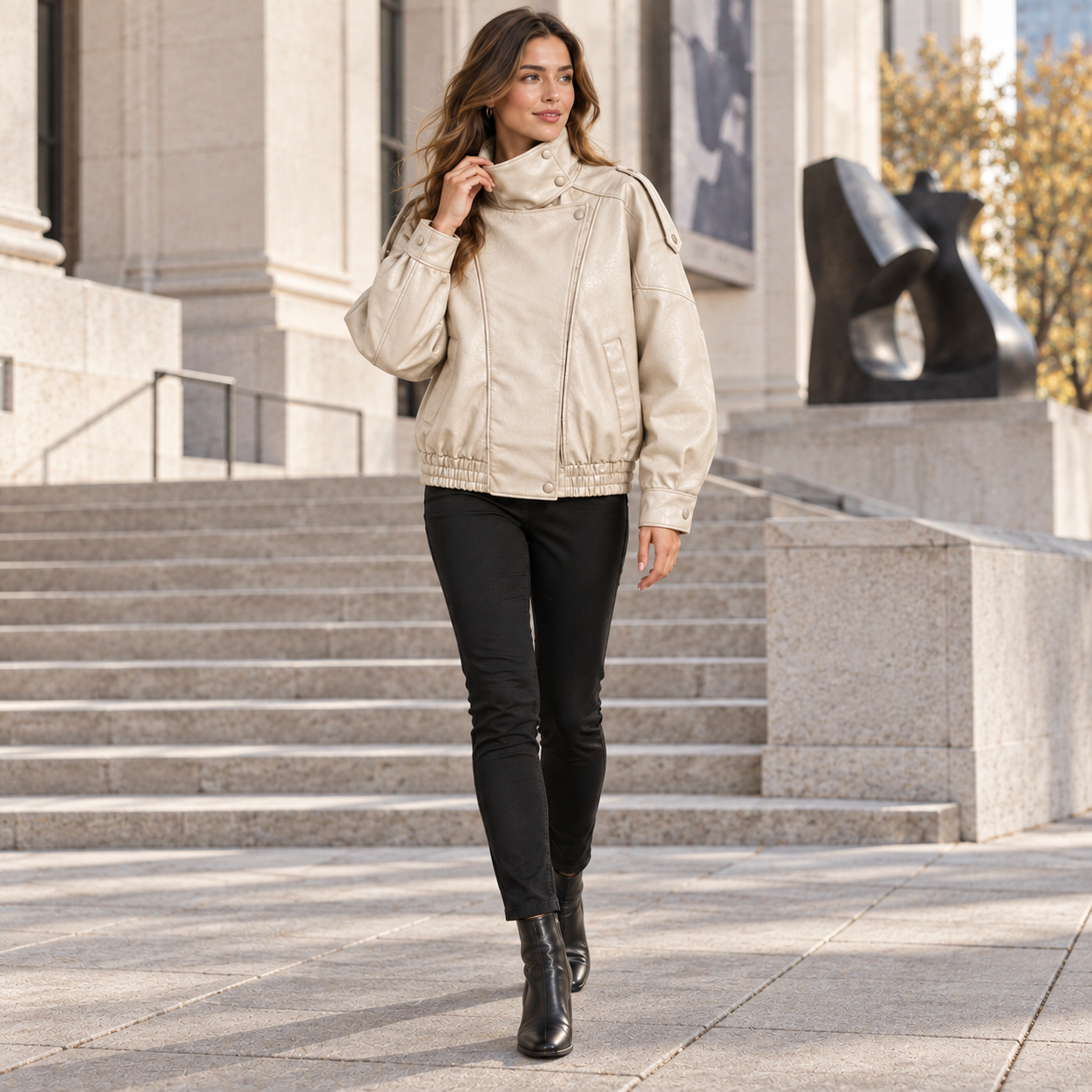 Woman wearing the Warm Ivory faux-leather jacket fully closed in a natural city setting