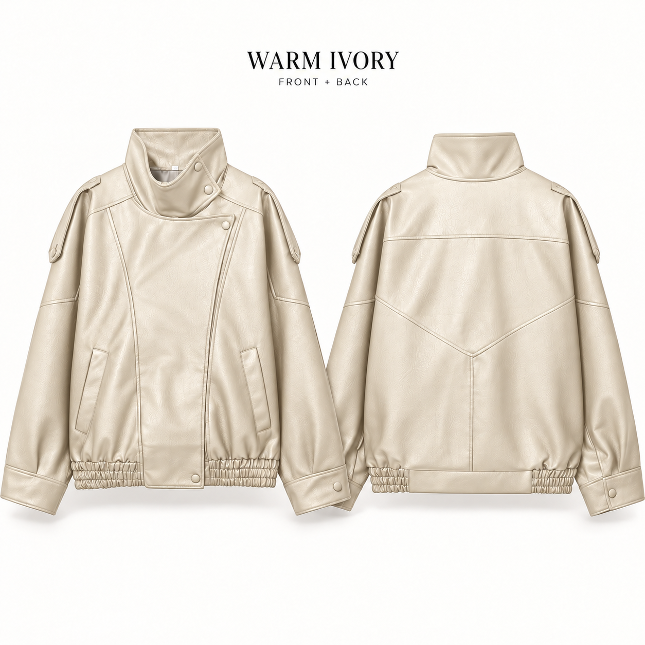 Single Warm Ivory stand-collar faux-leather jacket, front and back