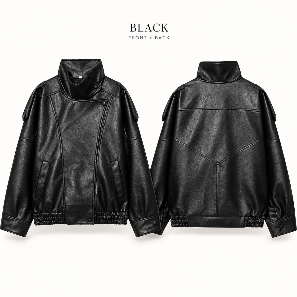 Single Black stand-collar faux-leather jacket, front and back