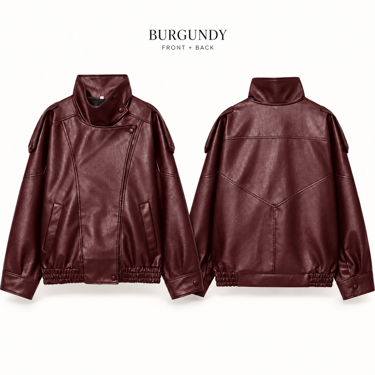 Single Burgundy stand-collar faux-leather jacket, front and back