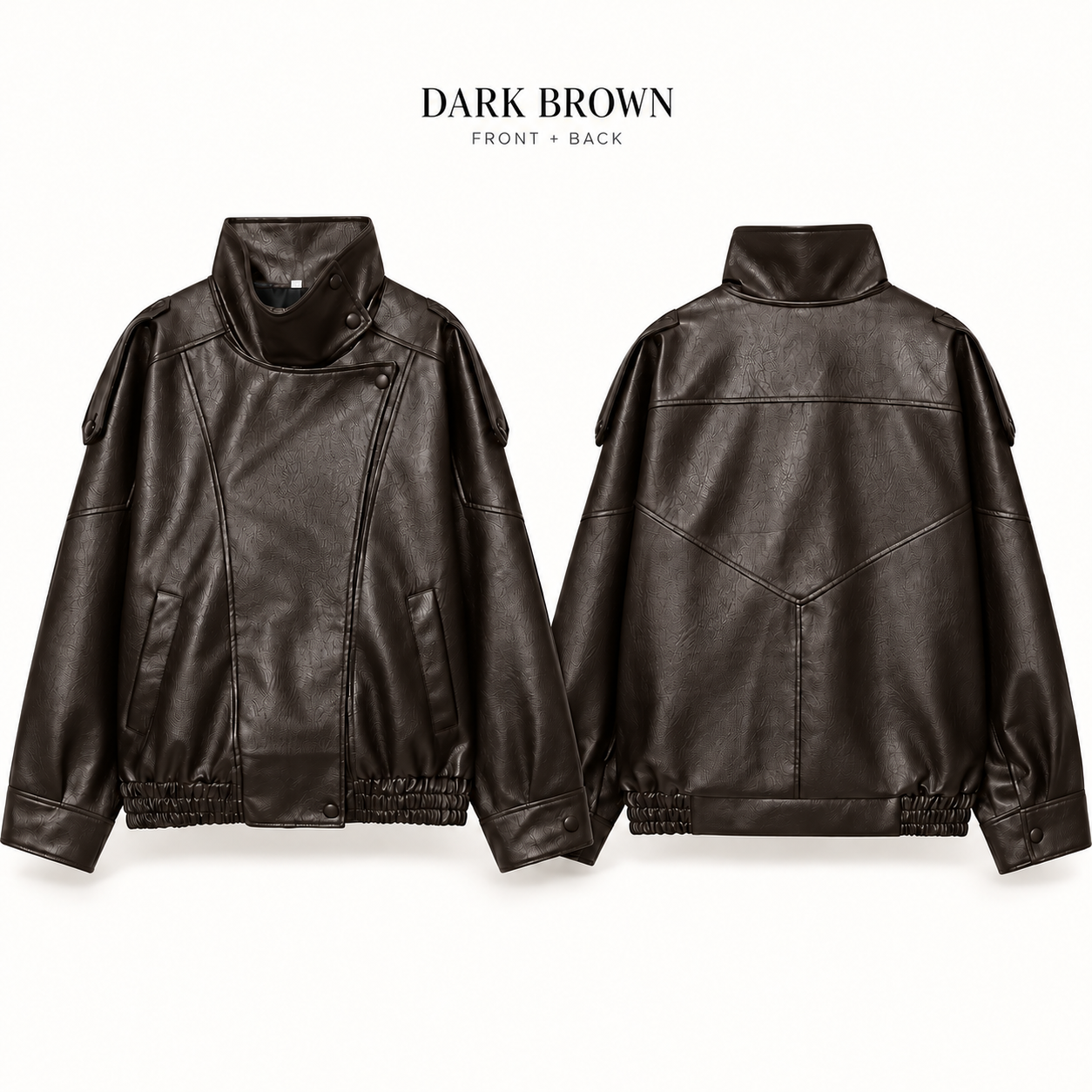 Single Dark Brown stand-collar faux-leather jacket, front and back