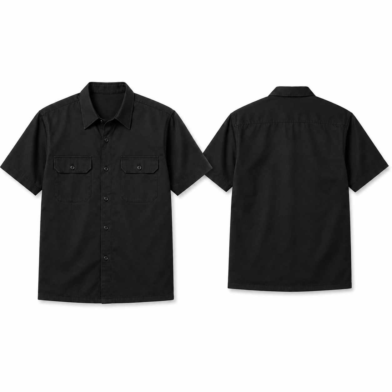 Black short-sleeve twill work shirt complete front and back