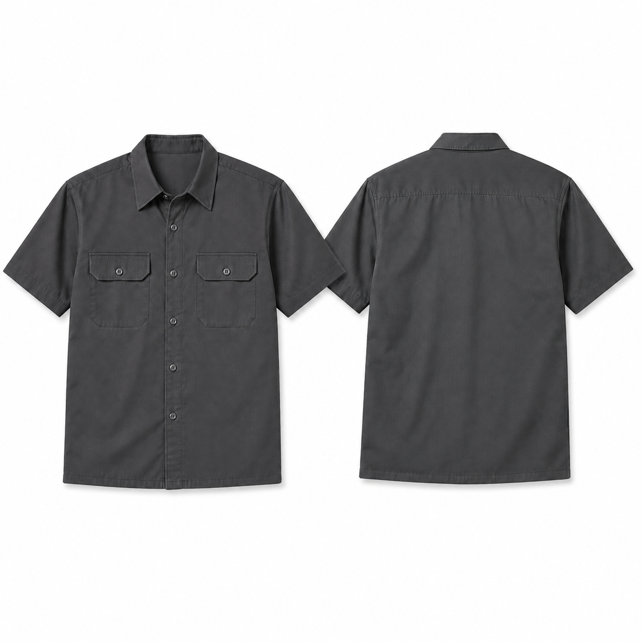 Charcoal Gray short-sleeve twill work shirt complete front and back