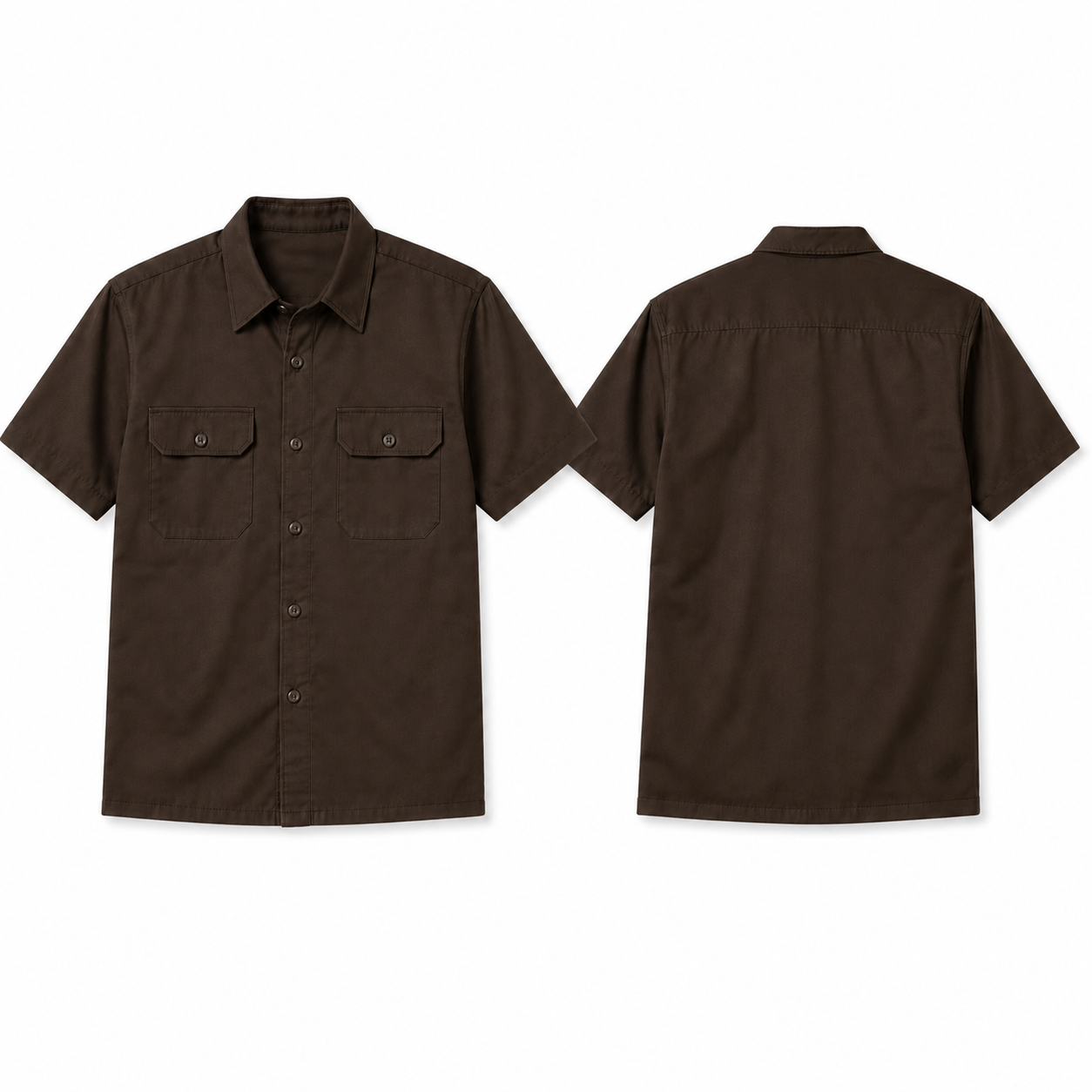Dark Brown short-sleeve twill work shirt complete front and back