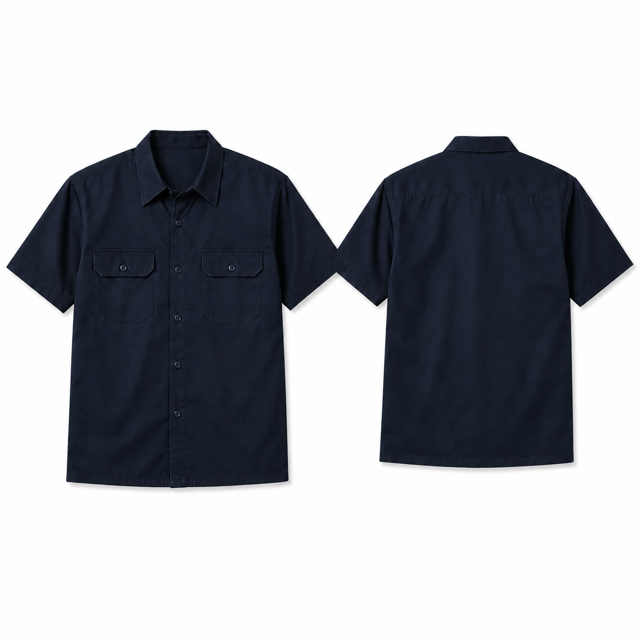 Dark Navy short-sleeve twill work shirt complete front and back