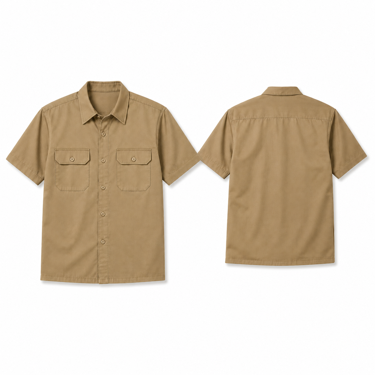 Khaki short-sleeve twill work shirt complete front and back
