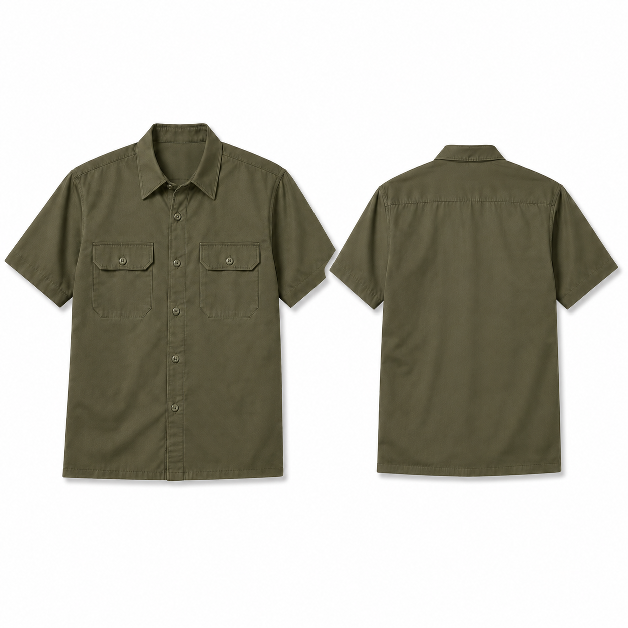 Olive short-sleeve twill work shirt complete front and back