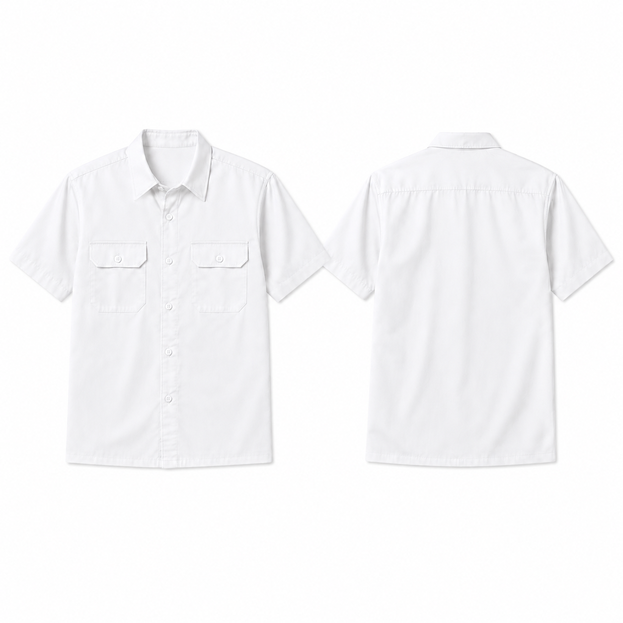 White short-sleeve twill work shirt complete front and back