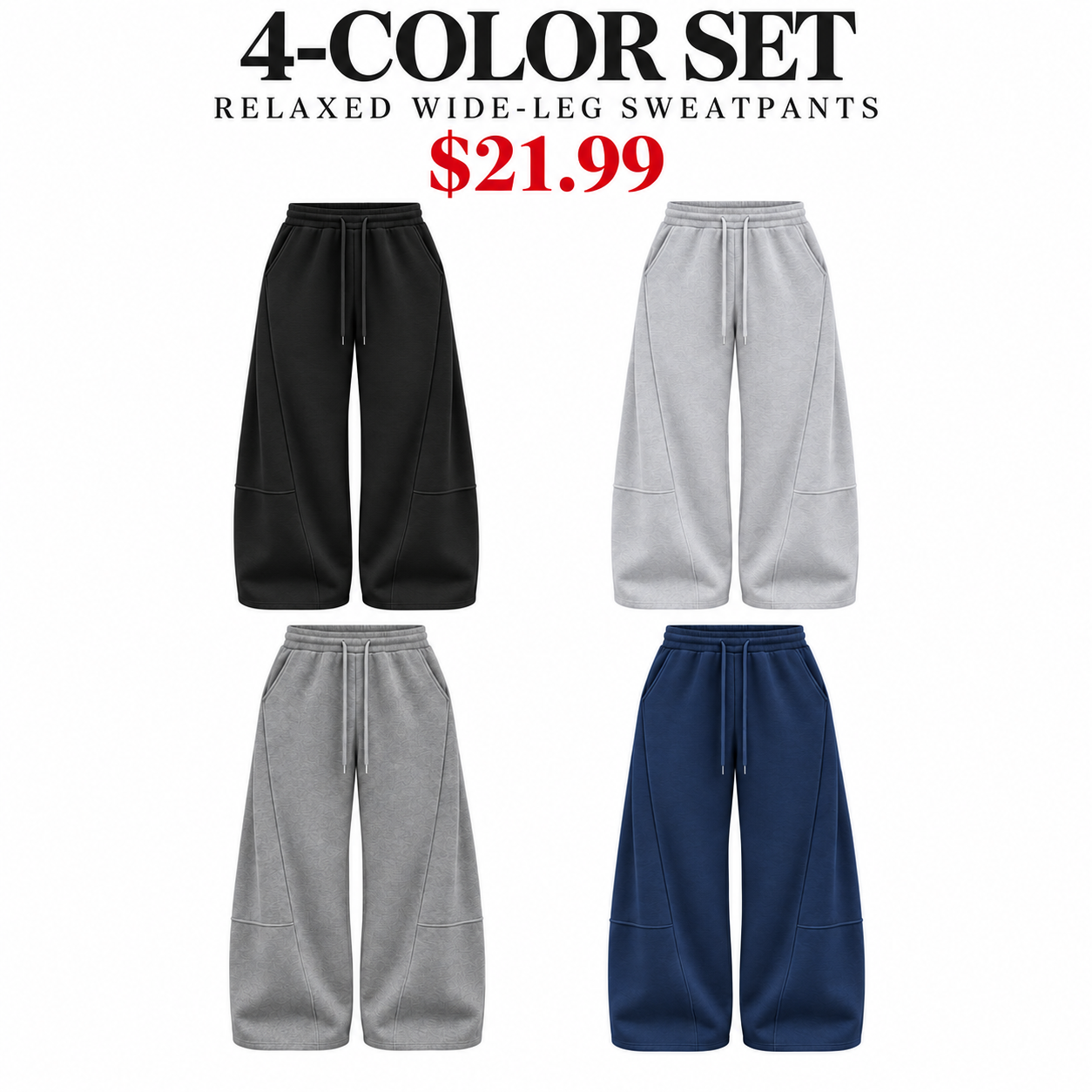 Black, Light Gray, Heather Gray and Navy wide-leg sweatpants, 4-Pack Core Neutrals, $21.99