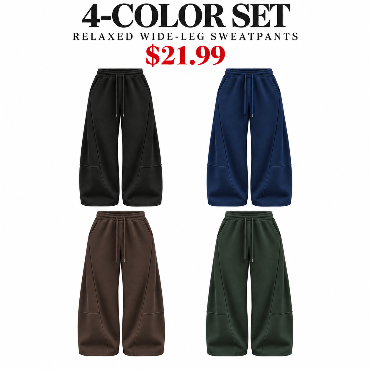 Black, Navy, Brown and Forest Green wide-leg sweatpants, 4-Pack Deep Mix, $21.99