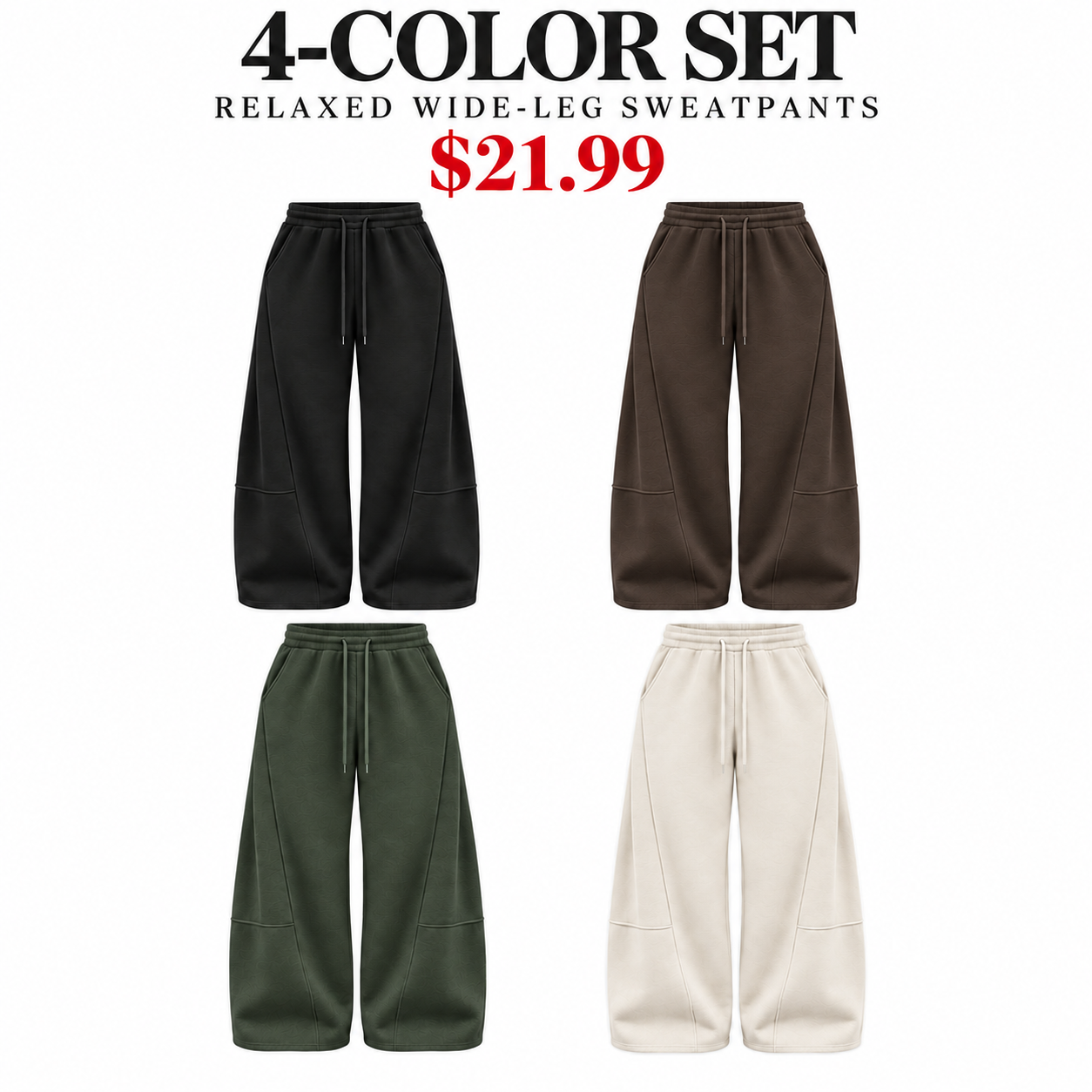 Black, Brown, Forest Green and Cream wide-leg sweatpants, 4-Pack Earth Neutrals, $21.99