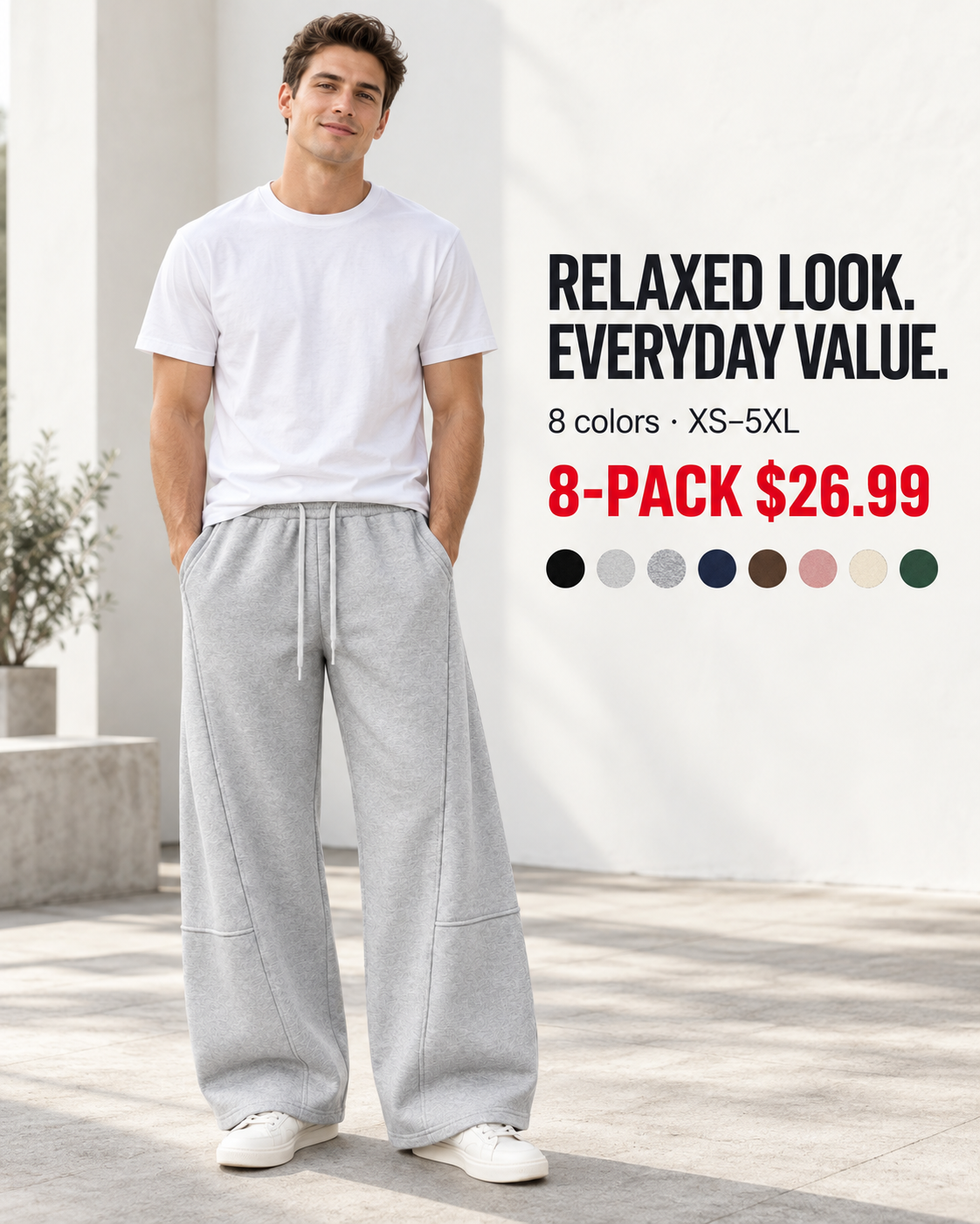 Relaxed wide-leg sweatpants on a model, eight-color value