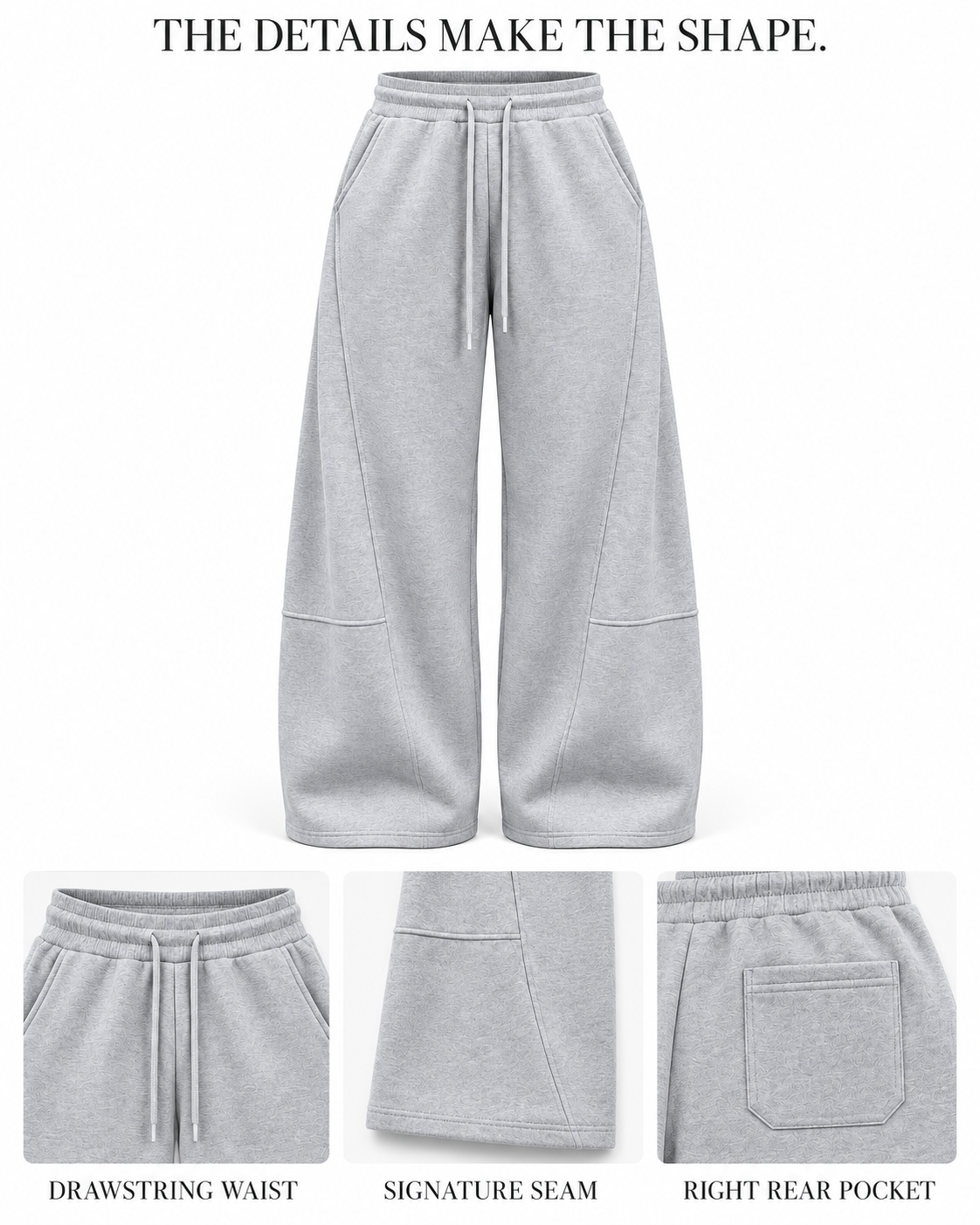 Drawstring waist, curved front seams, open hems, and right rear pocket