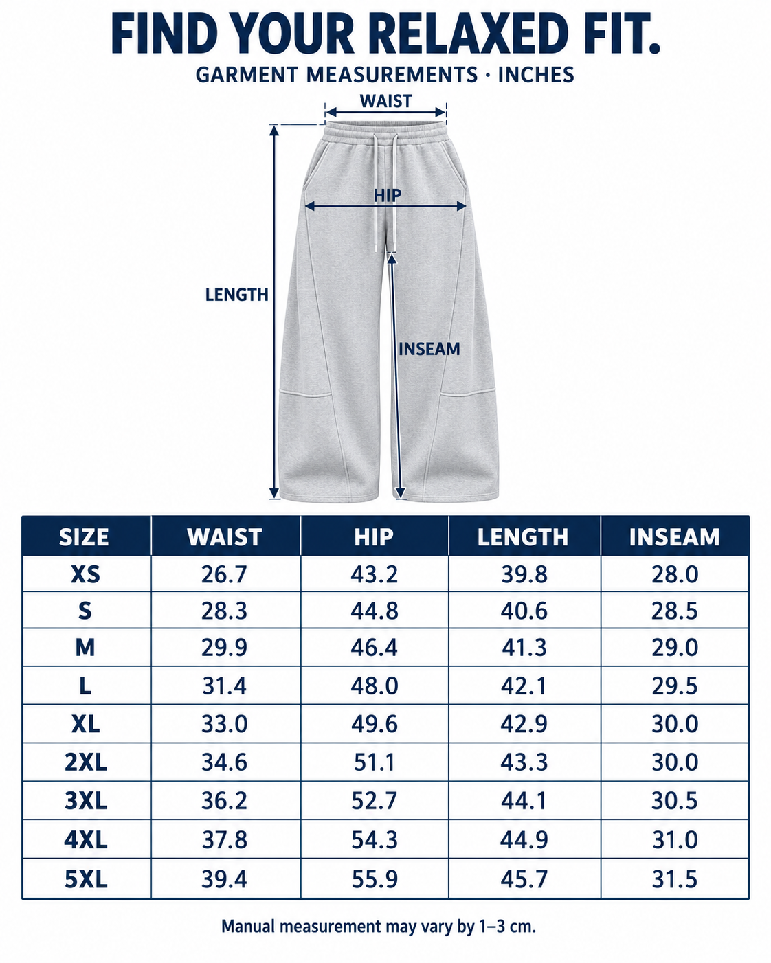 XS to 5XL garment size chart in inches with waist, hip, length, and inseam diagram