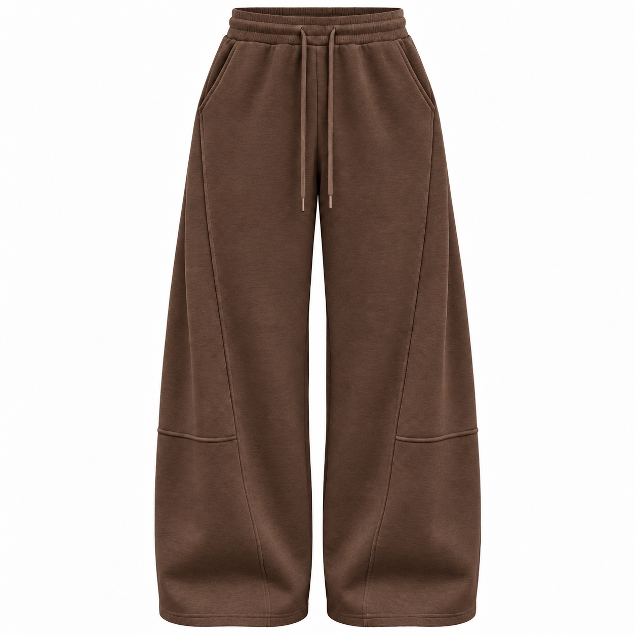 Brown unisex curved-seam wide-leg sweatpants, front view