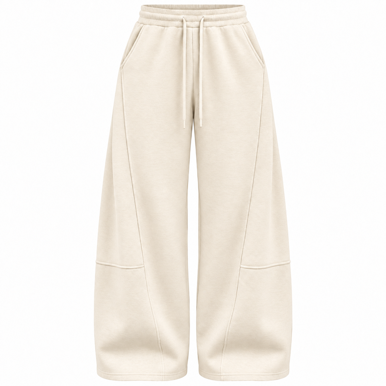Cream unisex curved-seam wide-leg sweatpants, front view