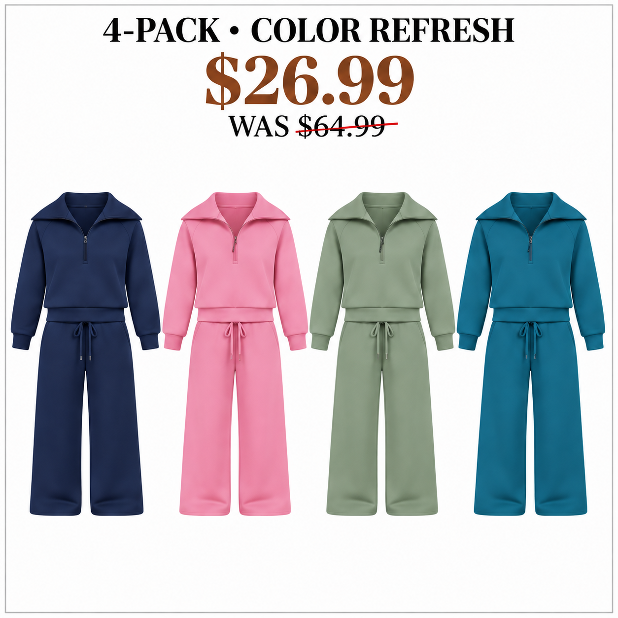 Four women's lounge sets in Color Refresh arranged in one horizontal row, 4-Pack, $26.99