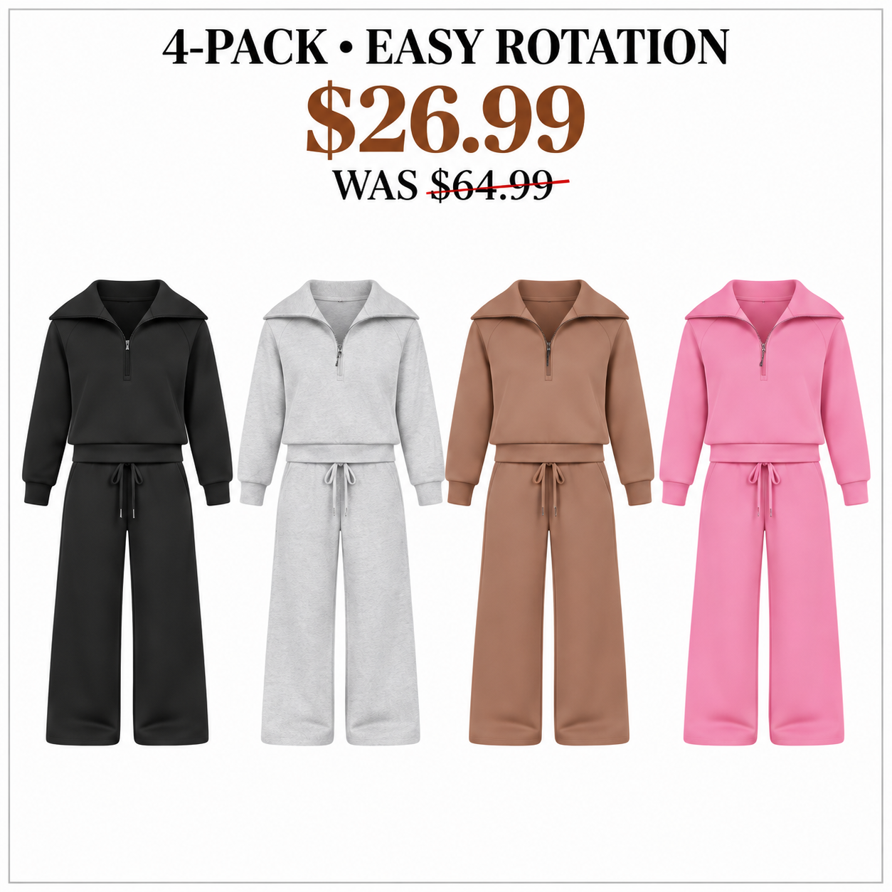 Four women's lounge sets in Easy Rotation arranged in one horizontal row, 4-Pack, $26.99