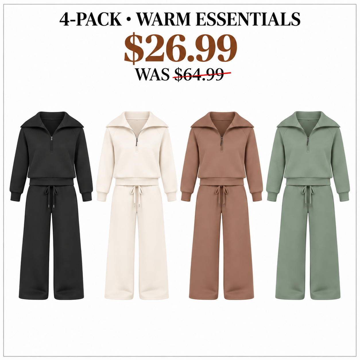 Four women's lounge sets in Warm Essentials arranged in one horizontal row, 4-Pack, $26.99