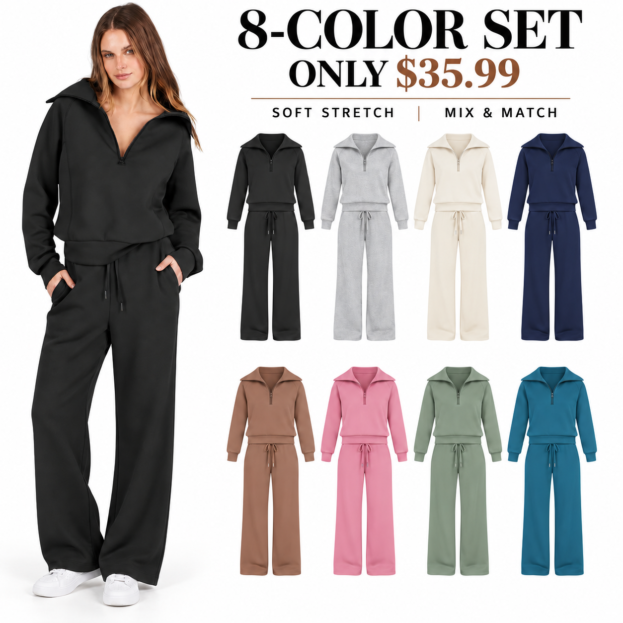 Eight women's half-zip wide-leg lounge sets in all colors, 8-Pack, $35.99