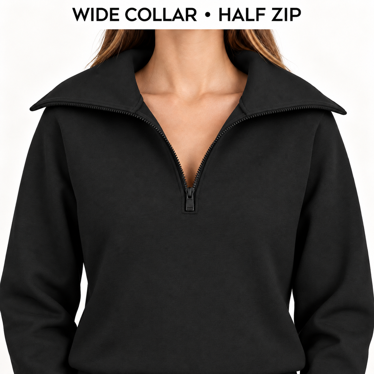 Jet Black wide fold-over collar and centered half-zip construction