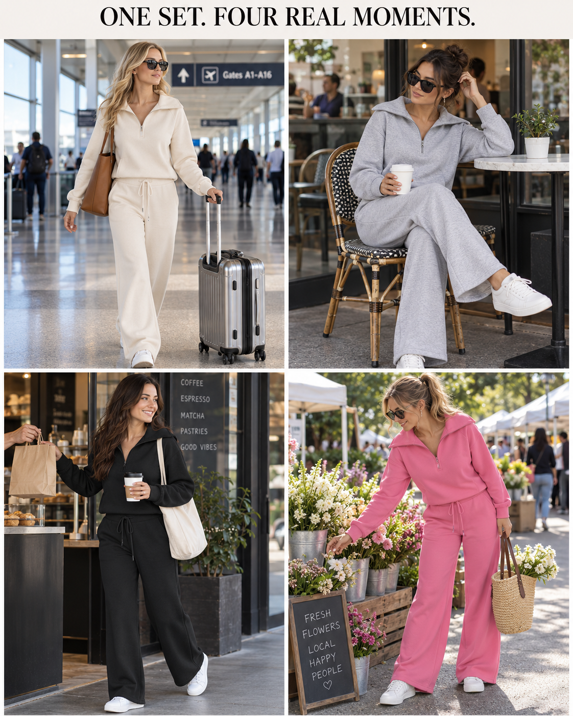 Four distinct real-life actions: airport travel, seated coffee break, pickup errand, and weekend market