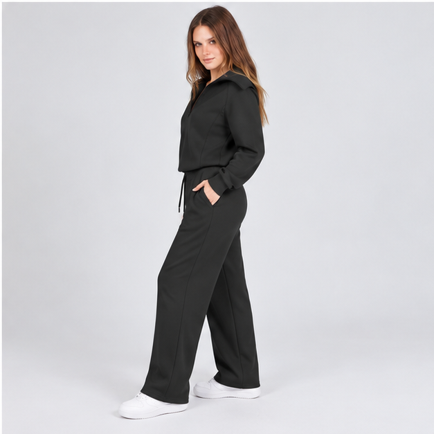 Jet Black lounge set close-range side and pocket fit detail