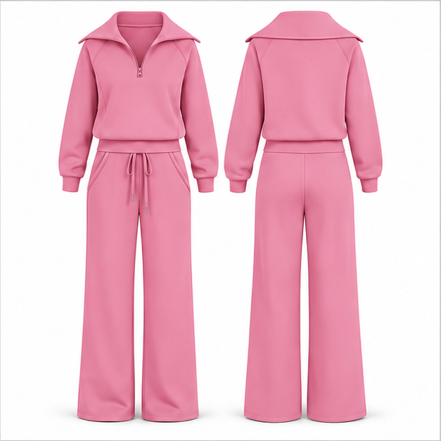 Single Berry Pink women's half-zip top and wide-leg pants set, front and back