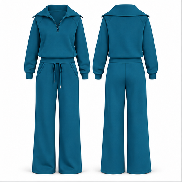 Single Deep Teal women's half-zip top and wide-leg pants set, front and back