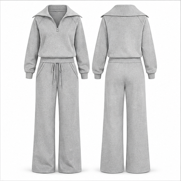 Single Heather Gray women's half-zip top and wide-leg pants set, front and back
