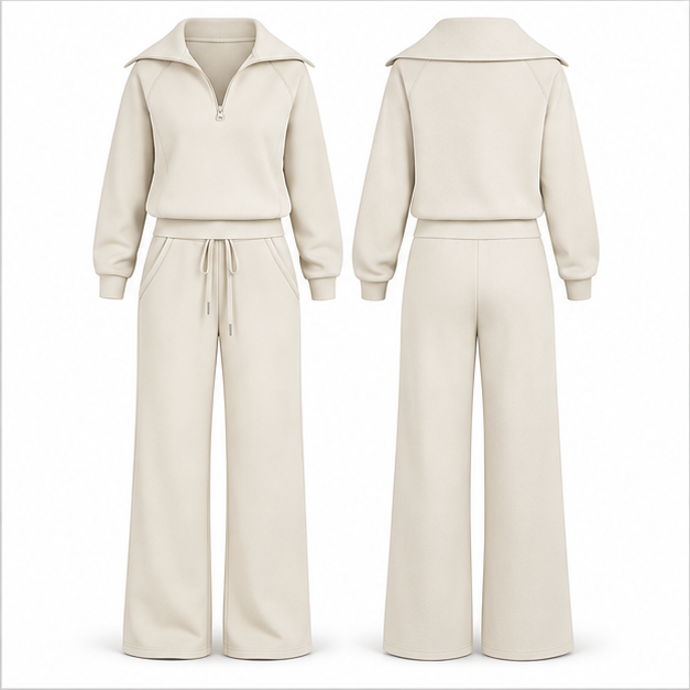 Single Ivory Cream women's half-zip top and wide-leg pants set, front and back