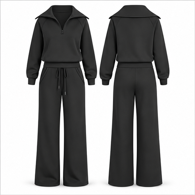 Single Jet Black women's half-zip top and wide-leg pants set, front and back