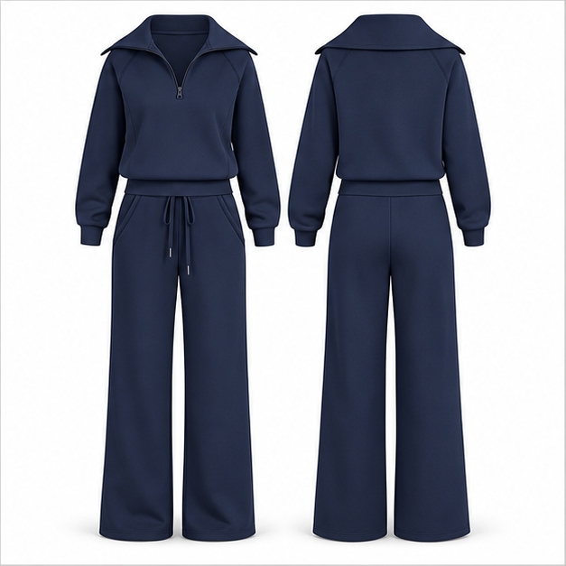 Single Midnight Navy women's half-zip top and wide-leg pants set, front and back