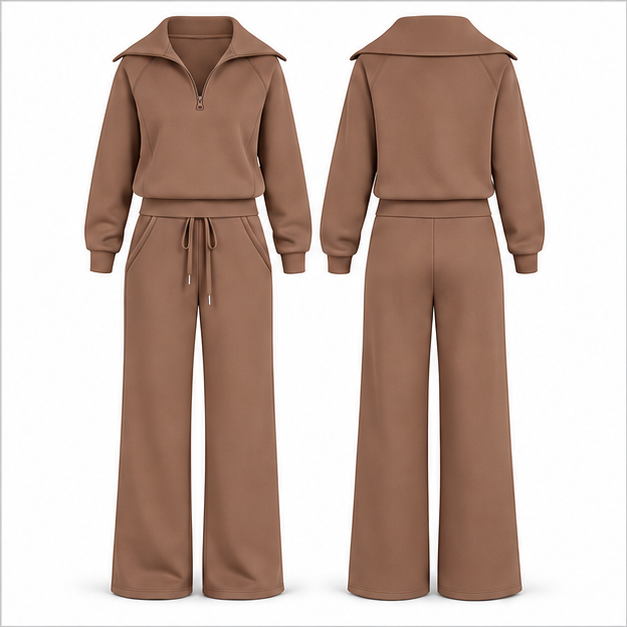 Single Mocha Brown women's half-zip top and wide-leg pants set, front and back