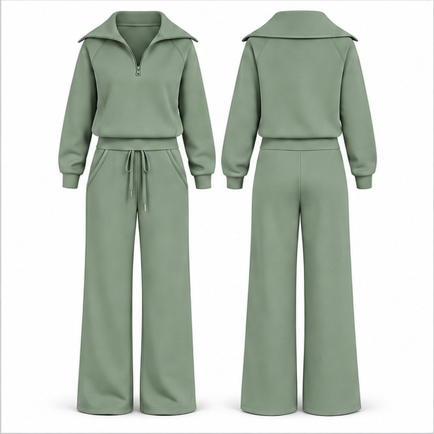 Single Sage Green women's half-zip top and wide-leg pants set, front and back