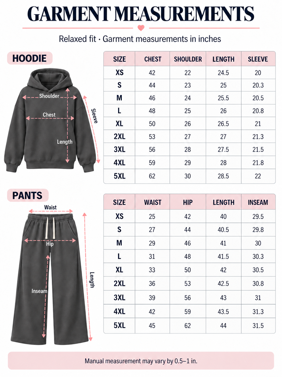 Garment-only hoodie and drawstring pants measurement tables from XS to 5XL in inches