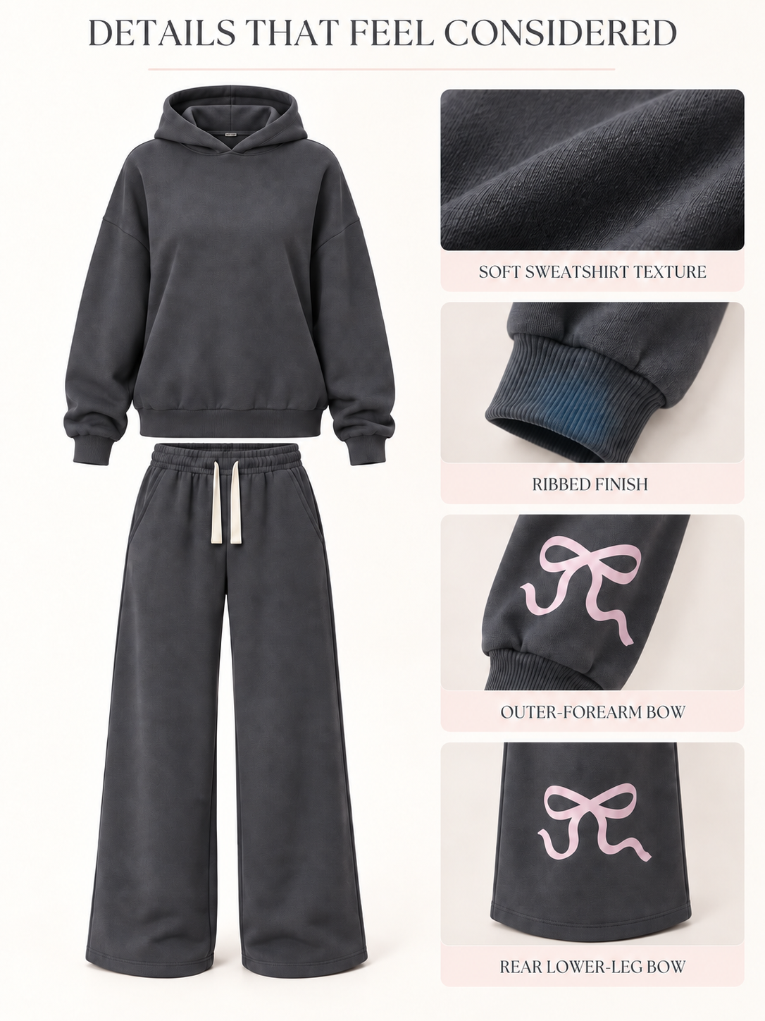 Fabric, drawstring waist, outer-forearm bow and rear-lower-leg bow details