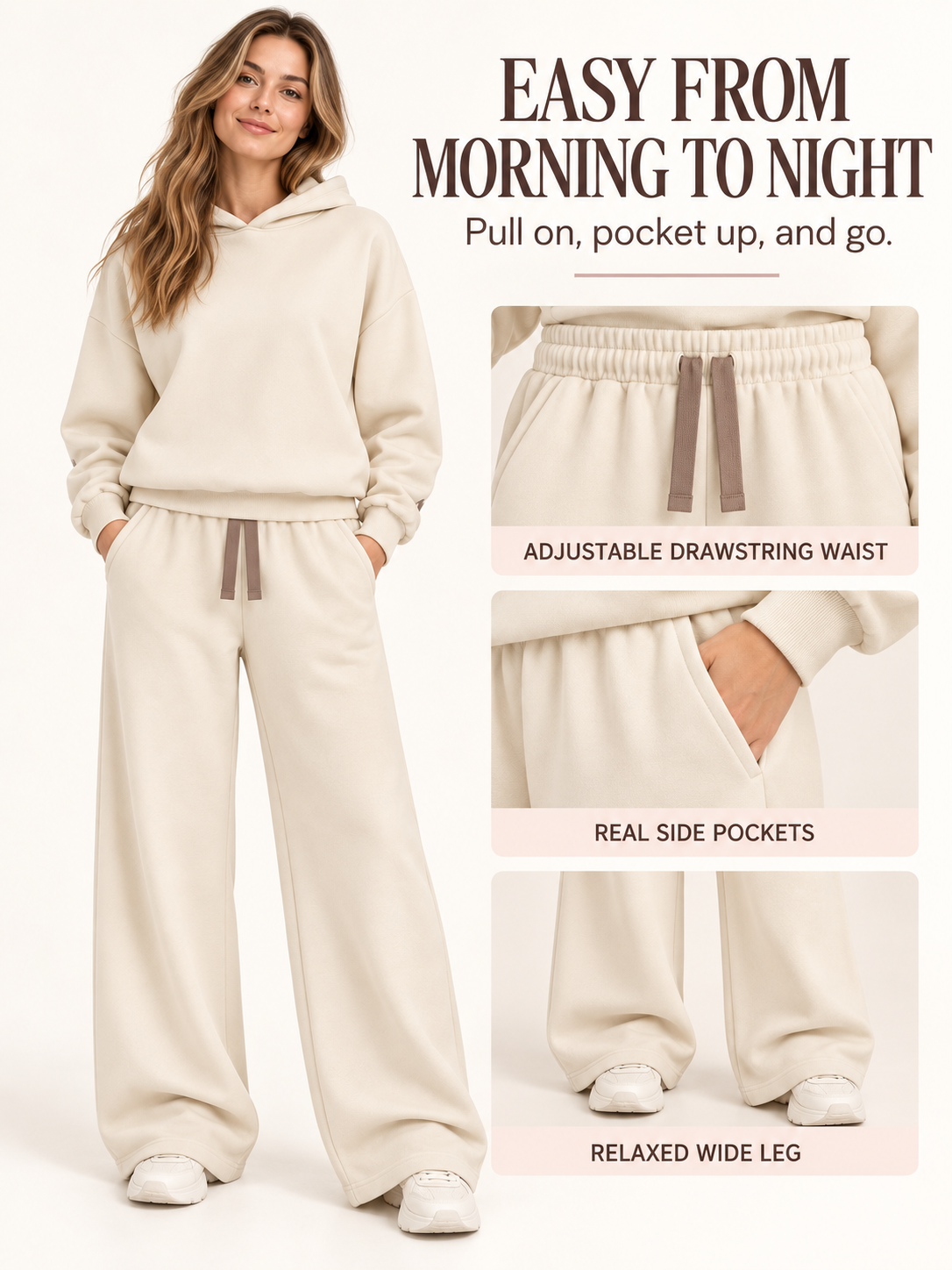 Adjustable drawstring waist, real side pockets and relaxed wide-leg construction