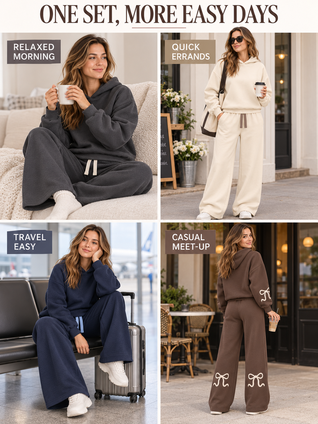 Locked-bow-placement set for relaxed mornings, errands, travel and casual plans