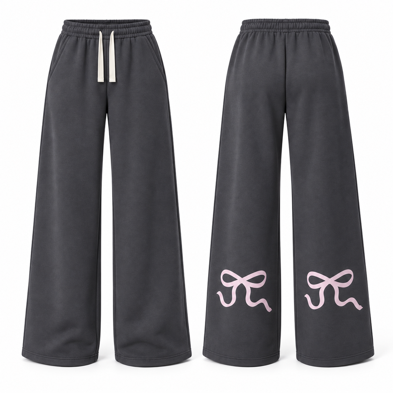 Separate pants front and back views with a bow-free front and two matching rear lower-leg bows