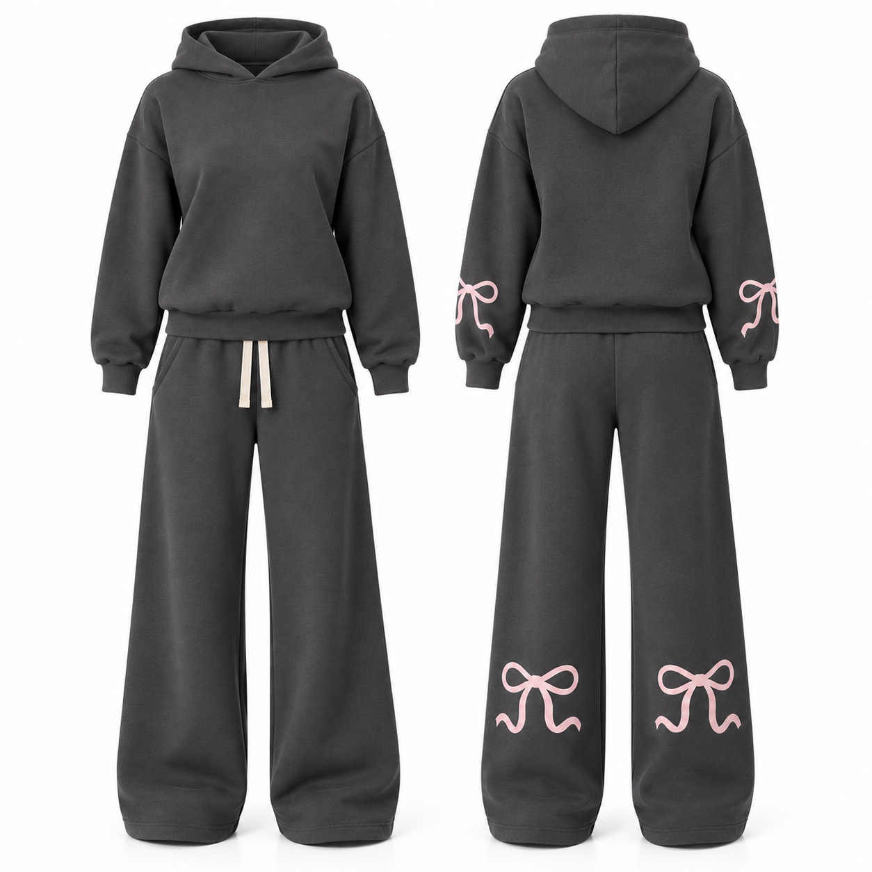 Charcoal and Blush set with a clean front and locked outer-arm and rear-leg bow placement
