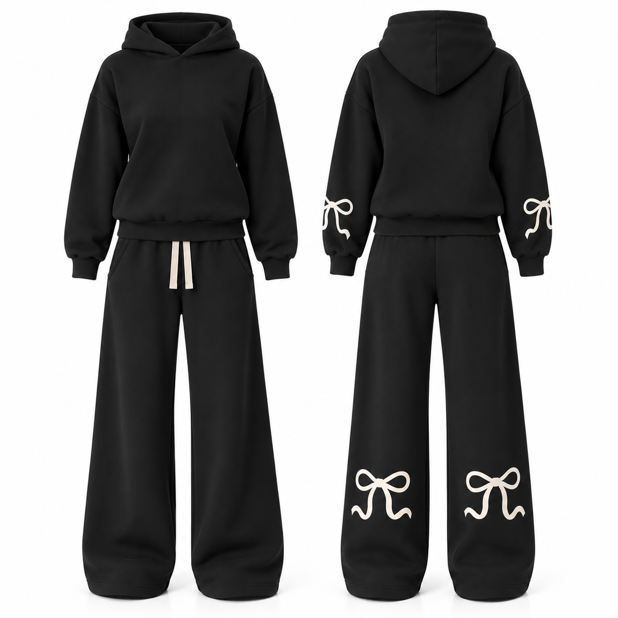 Jet Black and Ivory set with a clean front and locked outer-arm and rear-leg bow placement