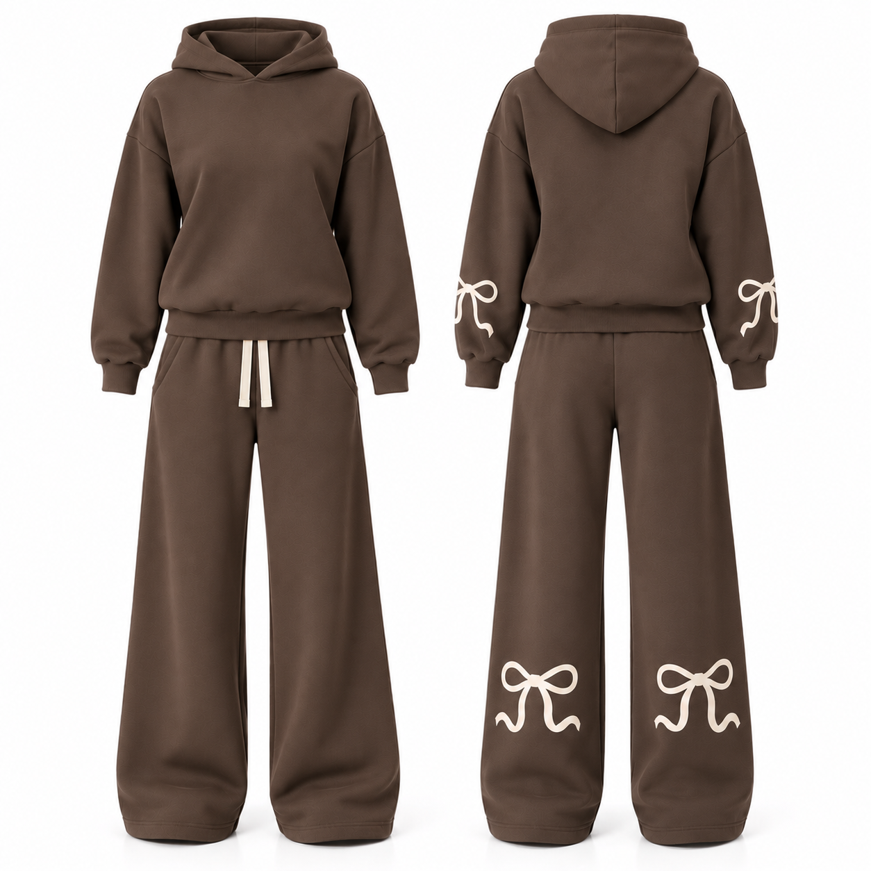 Mocha Brown and Cream set with a clean front and locked outer-arm and rear-leg bow placement
