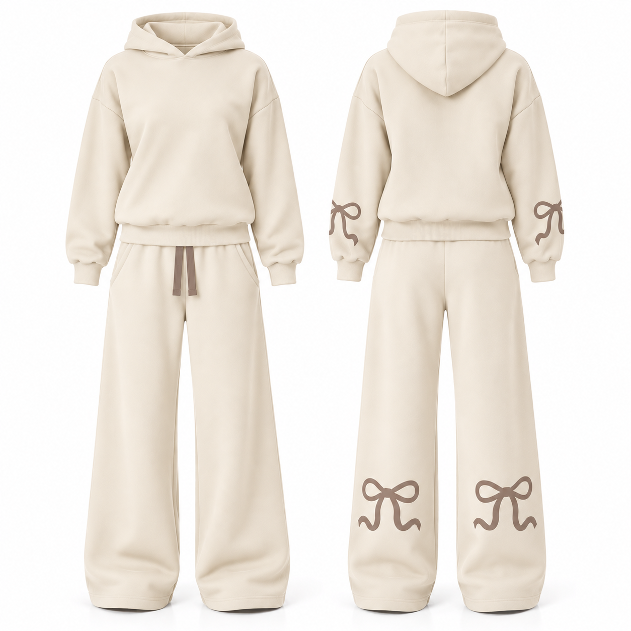 Warm Cream and Mocha set with a clean front and locked outer-arm and rear-leg bow placement