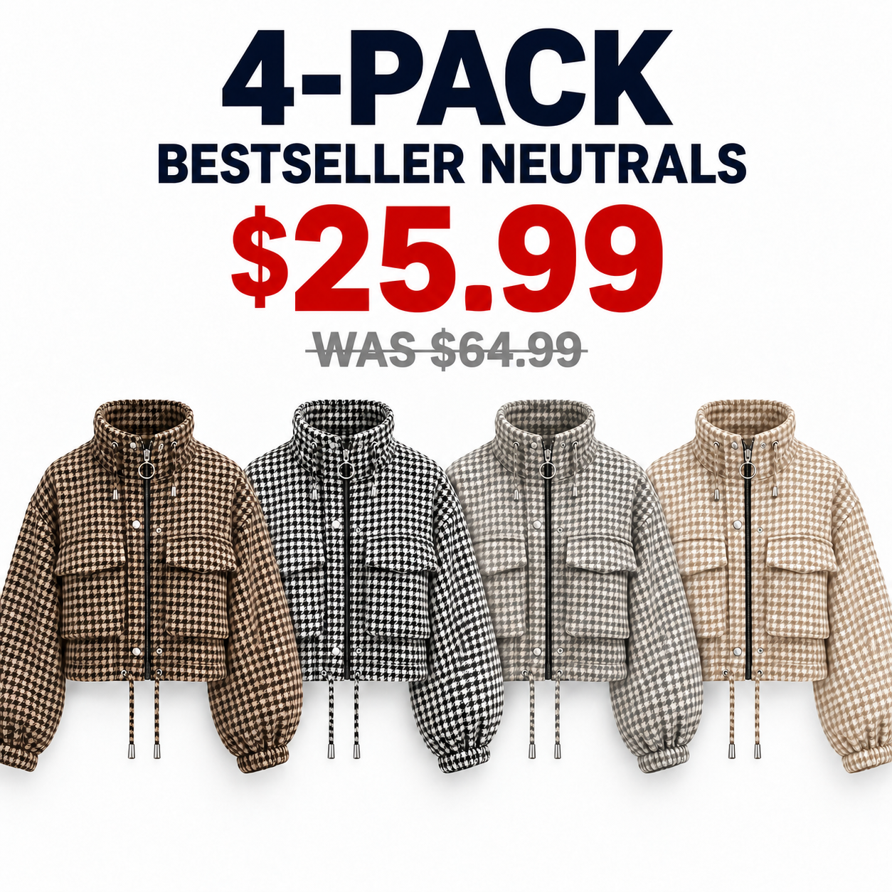 Four cropped houndstooth jackets in Coffee Brown, Black and White, Gray and Beige, 4-Pack, USD 25.99