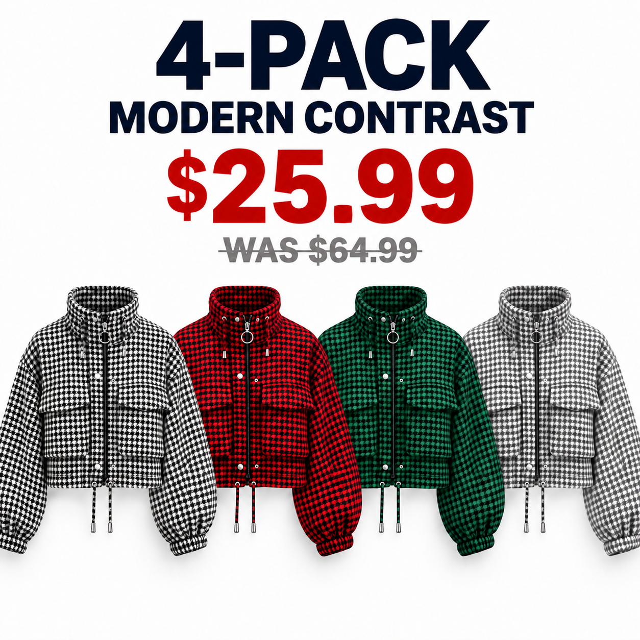 Four cropped houndstooth jackets in Black and White, Red and Black, Emerald Green and Gray, 4-Pack, USD 25.99