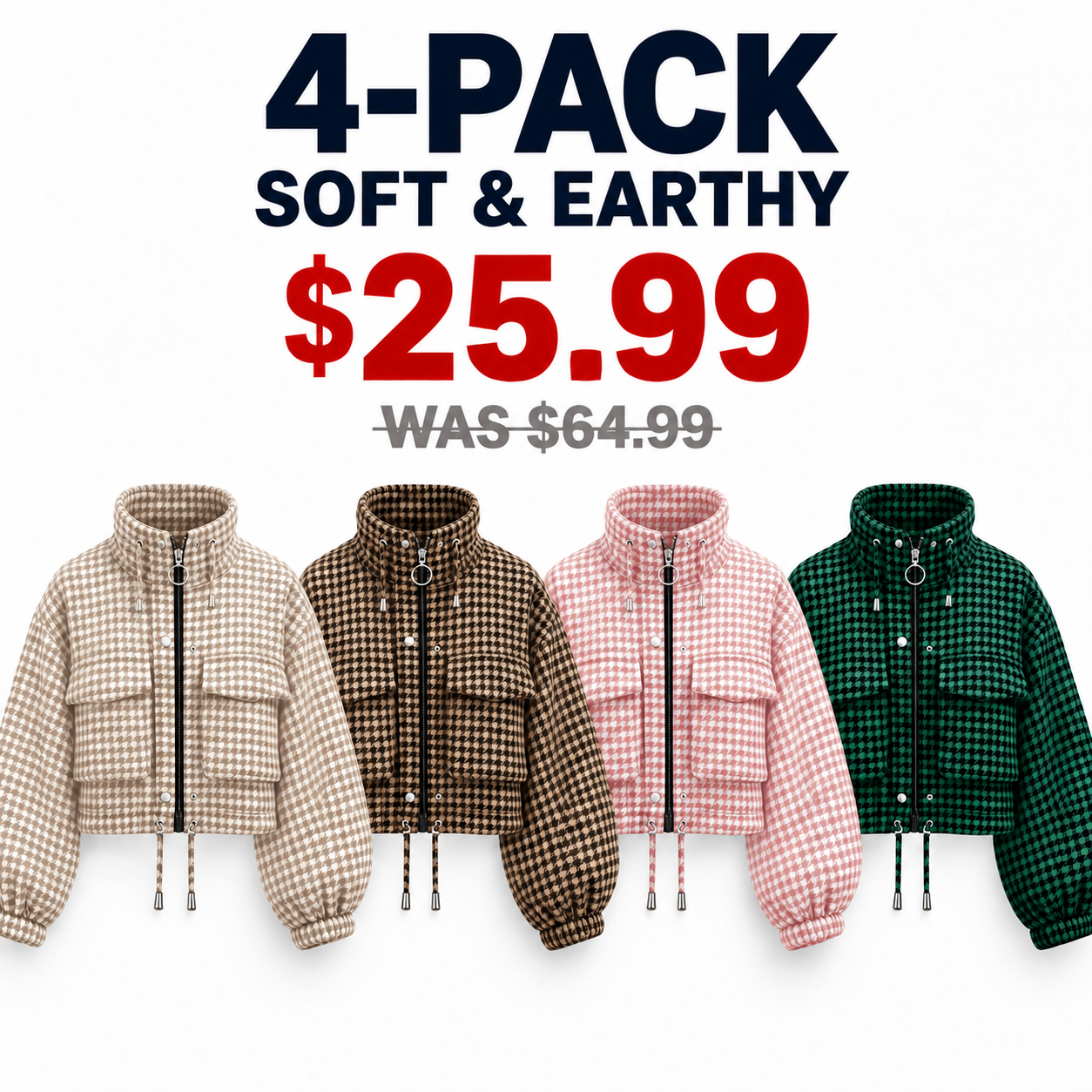 Four cropped houndstooth jackets in Beige, Coffee Brown, Blush Pink and Emerald Green, 4-Pack, USD 25.99