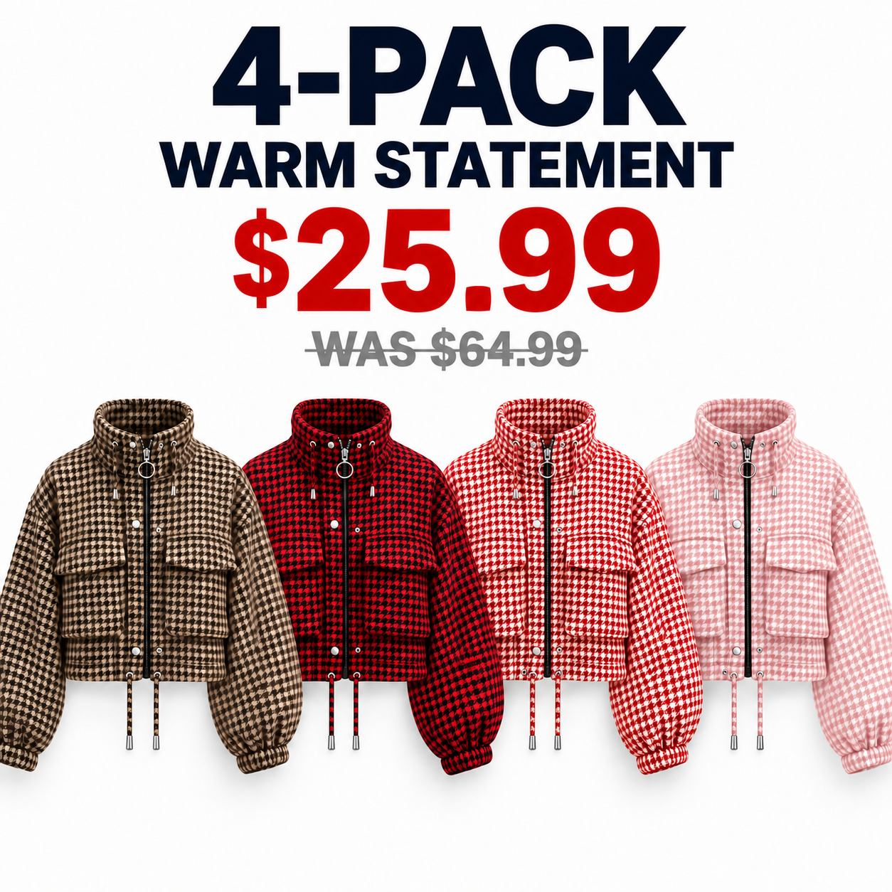 Four cropped houndstooth jackets in Coffee Brown, Red and Black, Red and White and Blush Pink, 4-Pack, USD 25.99