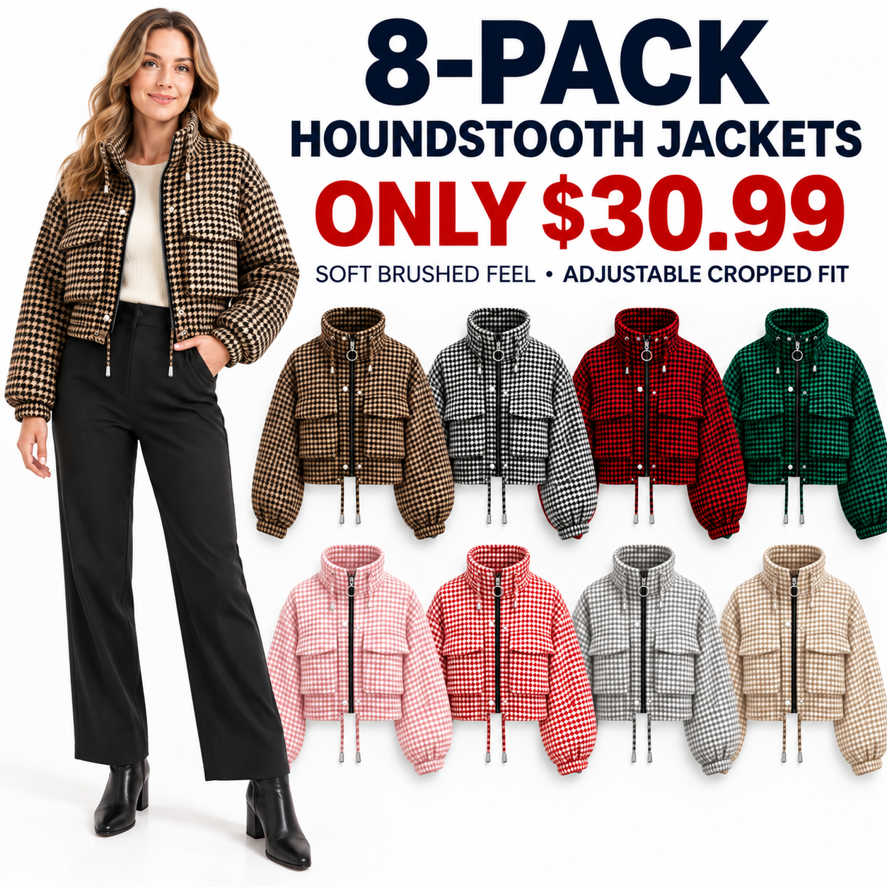 Eight women's cropped houndstooth jackets in all eight checks with model, 8-Pack, USD 30.99